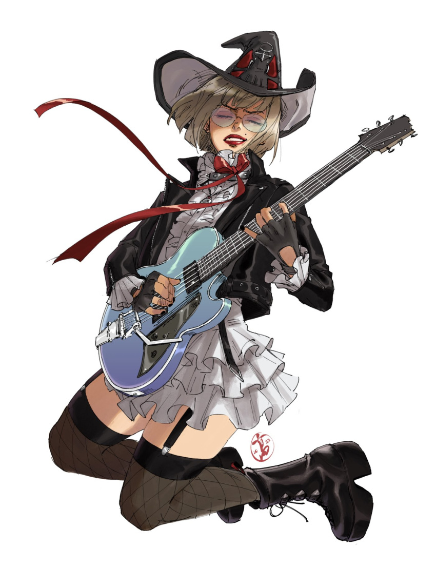 1girl alternate_costume black_gloves black_headwear blonde_hair electric_guitar fingerless_gloves gloves guilty_gear guilty_gear_strive guitar hat highres i-no instrument irene_koh mole mole_above_mouth red_lips short_hair tinted_eyewear witch_hat