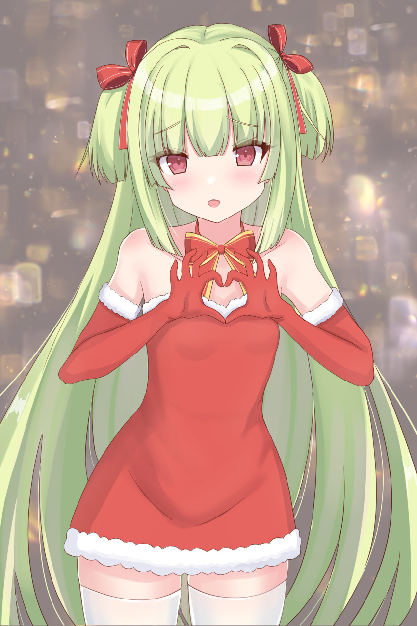 1girl :3 absurdres bare_shoulders blunt_bangs blunt_ends blush breasts brown_background commentary cowboy_shot curvy dress eyelashes eyes_visible_through_hair fur-trimmed_dress fur-trimmed_sleeves fur_trim furrowed_brow gloves green_hair hair_ribbon hands_up heart heart_hands highres hime_cut long_hair looking_at_viewer lunana murasame_(senren) open_mouth red_eyes red_ribbon ribbon santa_dress santa_gloves senren_banka sidelocks simple_background small_breasts smile solo standing straight-on straight_hair thighhighs two_side_up very_long_hair white_thighhighs zettai_ryouiki