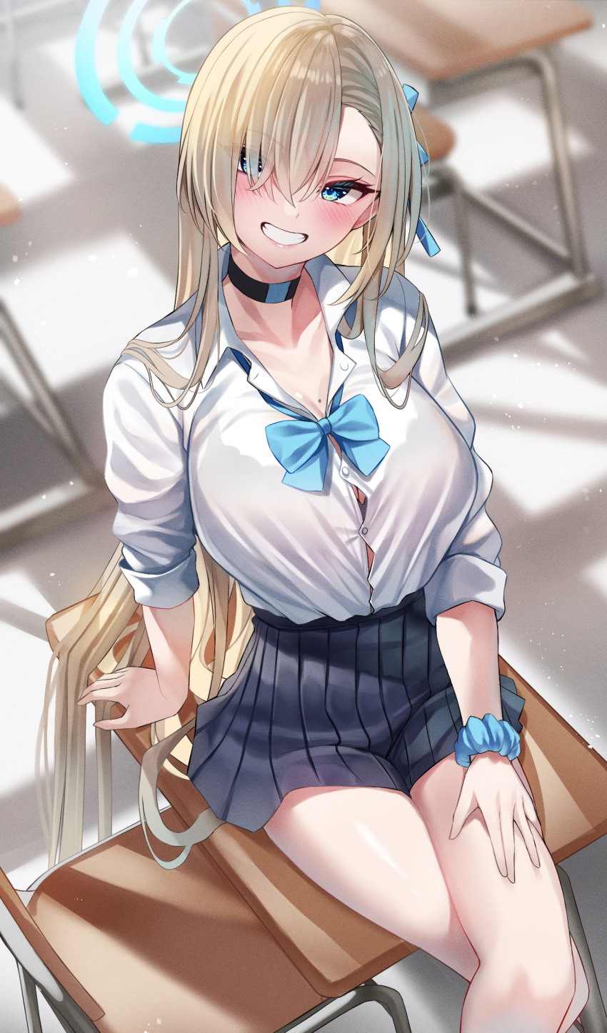 1girl asuna_(blue_archive) black_choker blue_archive blue_eyes blue_ribbon blue_scrunchie blue_skirt blush breasts choker classroom cleavage collarbone collared_shirt commentary_request crossed_legs desk eyes_visible_through_hair from_above grin hair_over_one_eye hair_ribbon halo highres indoors large_breasts long_hair long_sleeves looking_up mole mole_on_breast nano_(syoutamho) on_desk pleated_skirt ribbon scrunchie shirt shirt_tucked_in sitting sitting_on_desk skirt smile solo teeth thighs wrist_scrunchie