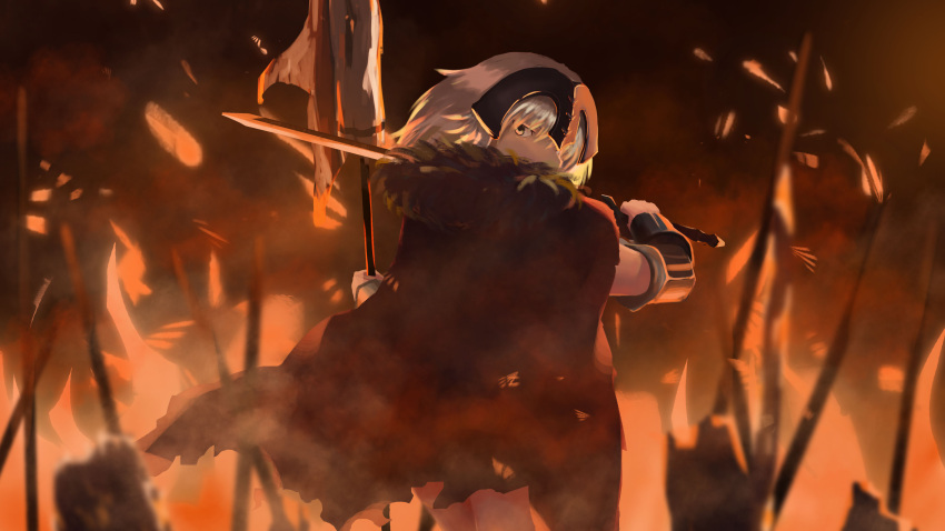 1girl absurdres backlighting black_cape blonde_hair cape cowboy_shot embers fate/grand_order fate_(series) fire from_side fur-trimmed_cape fur_trim hair_between_eyes headpiece highres jeanne_d'arc_alter_(fate) looking_at_viewer lovetigerfish mixed-language_commentary short_hair smoke solo standard_bearer sword torn_flag weapon yellow_eyes