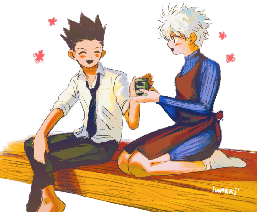 2boys absurdres bishounen blush closed_eyes couple cup gon_freecss green_hair highres husband_and_husband iwakki killua_zoldyck male_focus malewife multiple_boys necktie shirt short_hair signature simple_background sitting smile socks spiked_hair tea white_hair white_shirt yaoi