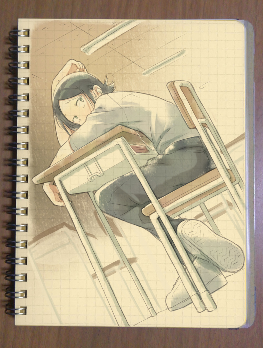 1boy black_hair chair classroom desk green_eyes hekicha highres kabe_taijin long_sleeves looking_at_viewer male_focus on_chair paripi_koumei school_chair school_desk school_uniform shirt short_hair sitting table traditional_media white_shirt