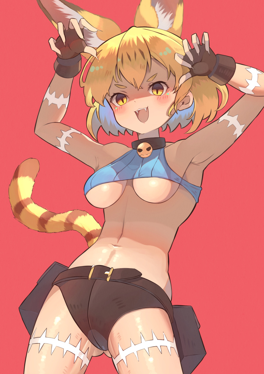 1girl :d absurdres animal_ear_fluff animal_ears armpits arms_up bare_shoulders belt belt_pouch black_belt black_gloves black_panties blonde_hair blue_shirt blush breasts cat_ears cat_tail claw_pose commentary cosplay cowboy_shot crop_top extra_ears fangs fingerless_gloves fingernails gloves hair_between_eyes highres kemono_friends looking_at_viewer medium_breasts midriff ms._fortune_(skullgirls) ms._fortune_(skullgirls)_(cosplay) navel open_mouth osnmykk panties pouch red_background scar serval_(kemono_friends) sharp_fingernails shirt short_hair simple_background skullgirls sleeveless sleeveless_shirt slit_pupils smile solo tail teeth underboob underwear upper_teeth_only yellow_eyes