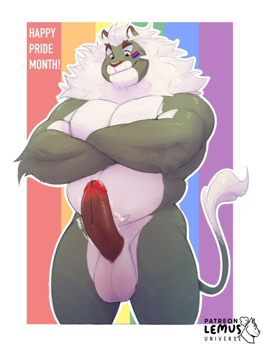 2023 anthro artist_logo artist_name baddonut balls biceps bisexual_pride_colors bodily_fluids bodypaint crossed_arms deltoids english_text erection face_paint felid fur genital_fluids genitals green_body green_fur hair hi_res leaking_precum leo_(baddonut) lgbt_pride lion logo looking_at_genitalia looking_at_penis looking_down male mammal mane multicolored_body multicolored_fur musclegut muscular muscular_anthro muscular_male navel nude pantherine penis precum pride_colors pubes rainbow_flag rainbow_pride_flag rainbow_symbol red_eyes solo standing tail tail_tuft text tuft two_tone_body two_tone_fur white_body white_fur white_hair