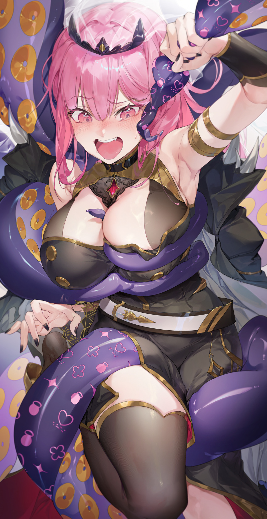 1girl absurdres armlet armpit_crease armpits bare_shoulders belt between_breasts black_choker black_dress black_nails black_thighhighs black_tiara blush bracer breasts chap_sal_! choker cleavage commentary dress fang fingernails furrowed_brow hair_between_eyes highres holding_tentacle hololive hololive_english large_breasts leg_up long_hair mori_calliope nail_polish ninomae_ina'nis open_mouth pink_eyes pink_hair sleeveless sleeveless_dress solo_focus teeth tentacle_between_breasts tentacles thighhighs thighs tiara virtual_youtuber white_veil