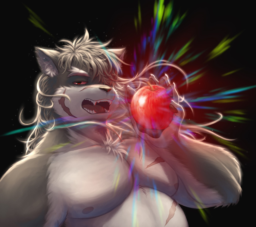 1boy animal_ears apple bara black_background brown_fur brown_hair chest_tuft colored_sclera commentary dog_boy dog_ears fangs food fruit furry furry_male guadr hair_over_one_eye highres holding holding_food holding_fruit large_pectorals light_particles light_rays long_hair male_focus muscular muscular_male nipples nude open_mouth pawpads pectorals plump red_eyes red_sclera scar scar_on_cheek scar_on_chest scar_on_face scar_on_nose shino_(housamo) solo thick_eyebrows tokyo_afterschool_summoners upper_body