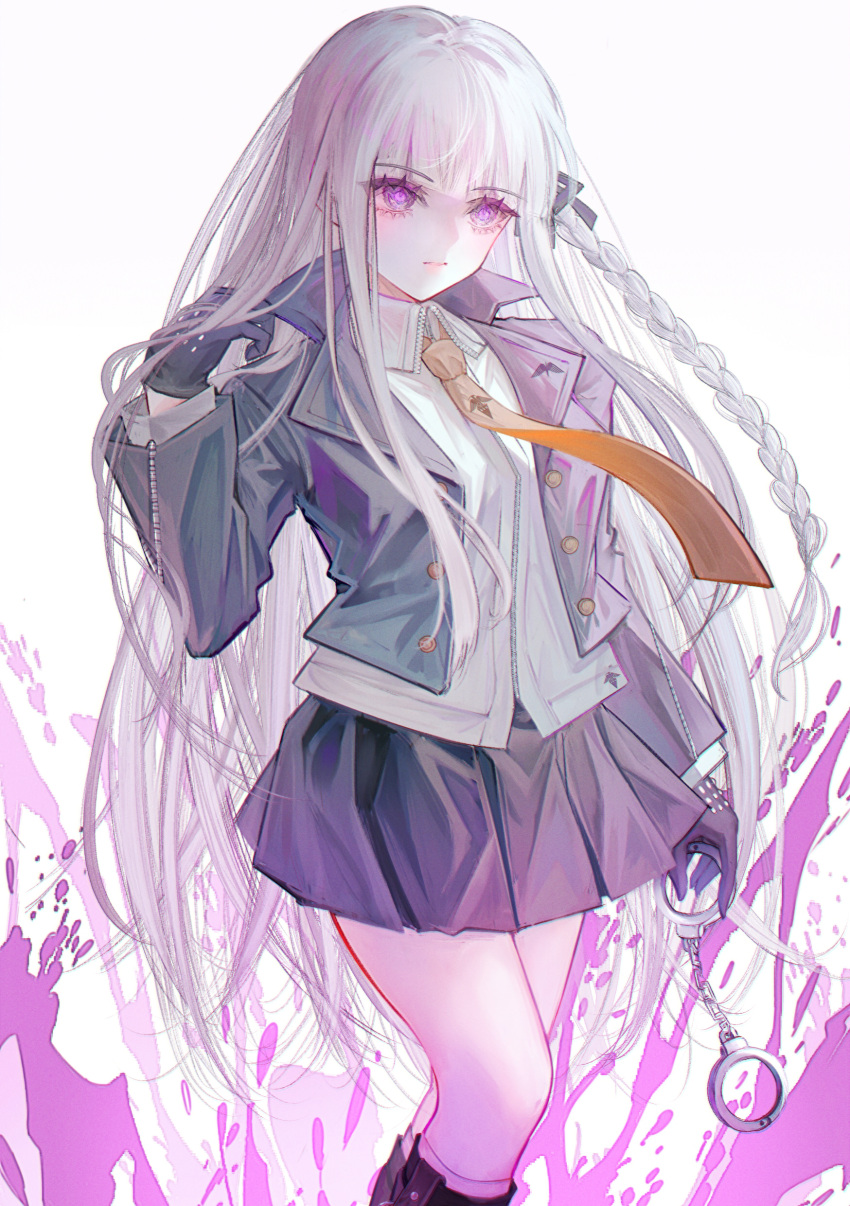 1girl absurdres black_gloves black_ribbon blunt_bangs braid brown_necktie collared_shirt cuffs danganronpa:_trigger_happy_havoc danganronpa_(series) feet_out_of_frame gloves hair_ribbon hand_up handcuffs highres jacket kirigiri_kyoko long_hair long_sleeves miniskirt necktie open_clothes open_jacket pale_skin pink_background pink_eyes purple_eyes ribbon shirt side_braid simple_background skirt solo white_background wny_(wnys_art)