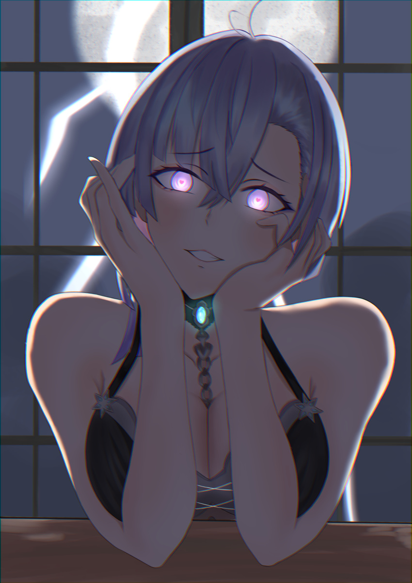 1girl absurdres black_choker black_dress blue_brooch breasts choker cleavage collarbone dress elbows_on_table full_moon ginrei_shinoa gradient_hair grey_hair hair_between_eyes hands_on_own_cheeks hands_on_own_face happy_hunter's_haven heart heart-shaped_pupils highres izume_lz large_breasts lightning moon multicolored_hair night purple_eyes purple_hair solo symbol-shaped_pupils virtual_youtuber yandere_trance