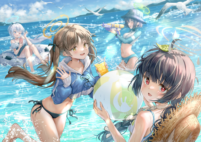 4girls ball beachball bikini bird black_bikini black_hair blue_archive blue_bikini blue_eyes blue_halo blue_jacket blue_one-piece_swimsuit braid breasts brown_hair brown_headwear casual_one-piece_swimsuit cellphone collarbone commentary cropped_jacket cup drinking_straw english_commentary frilled_one-piece_swimsuit frills green_halo halo hands_up hat hat_around_neck highres hirokazu_(analysis-depth) holding holding_ball holding_beachball holding_cup holding_phone holding_water_gun innertube jacket knees_up large_breasts leaf leaf_on_head long_hair long_sleeves looking_at_viewer miyako_(blue_archive) miyako_(swimsuit)_(blue_archive) miyu_(blue_archive) miyu_(swimsuit)_(blue_archive) moe_(blue_archive) moe_(swimsuit)_(blue_archive) multiple_girls ocean off-shoulder_one-piece_swimsuit off_shoulder official_alternate_costume one-piece_swimsuit one_eye_closed parted_lips phone ponytail puffy_long_sleeves puffy_sleeves rabbit_platoon_(blue_archive) red_eyes saki_(blue_archive) saki_(swimsuit)_(blue_archive) short_hair side-tie_bikini_bottom sitting sleeve_cuffs sleeves_past_wrists small_breasts smartphone smile straw_hat swimsuit twin_braids twintails very_long_hair water_gun waving white_bikini white_hair white_halo yellow_eyes yellow_halo