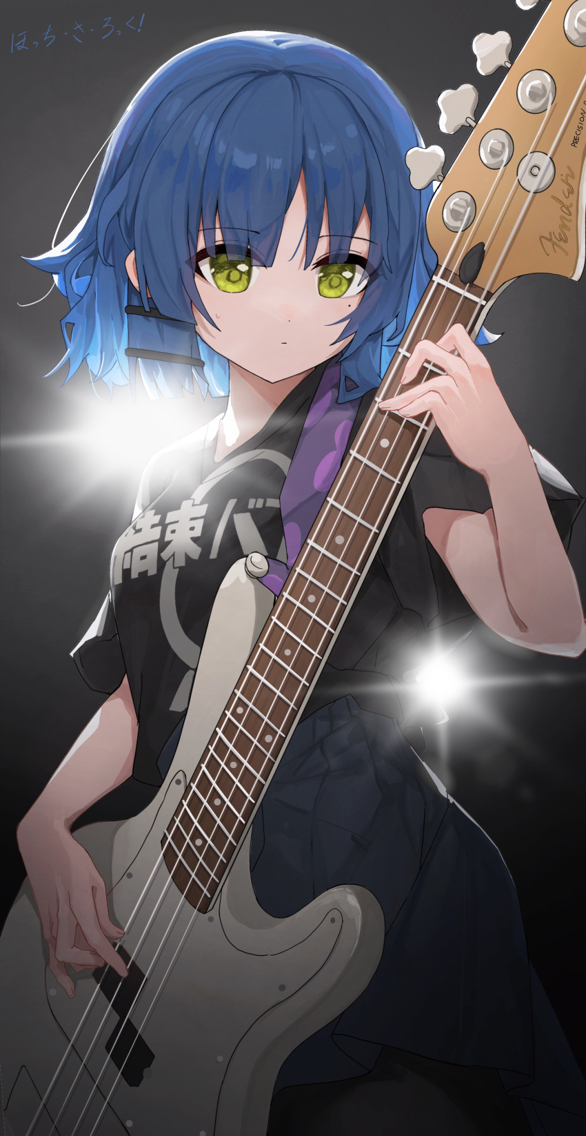1girl absurdres backlighting bass_guitar black_shirt blue_hair blue_skirt bocchi_the_rock! closed_mouth commentary_request copyright_name cowboy_shot electric_guitar green_eyes guitar hand_up highres holding holding_instrument instrument kessoku_band_t-shirt looking_at_object mole mole_under_eye music playing_instrument pleated_skirt sentter shirt shirt_tucked_in short_hair short_sleeves skirt solo standing yamada_ryo