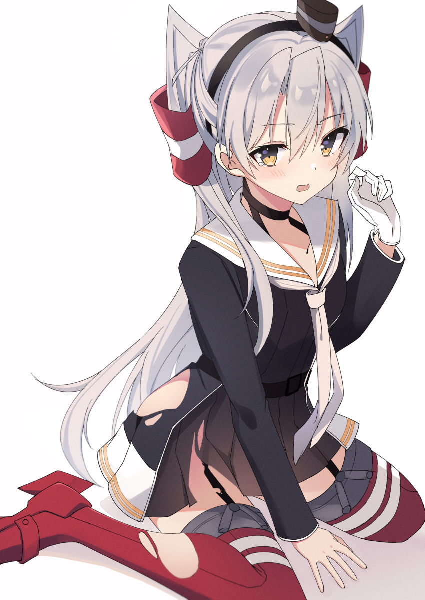 1girl absurdres amatsukaze_(kancolle) ass black_dress blush dress fathom gloves grey_hair hair_between_eyes hair_tubes highres kantai_collection long_hair long_sleeves open_mouth red_thighhighs sailor_collar sailor_dress simple_background single_glove solo thighhighs torn_clothes torn_dress torn_thighhighs two_side_up white_background white_sailor_collar yellow_eyes