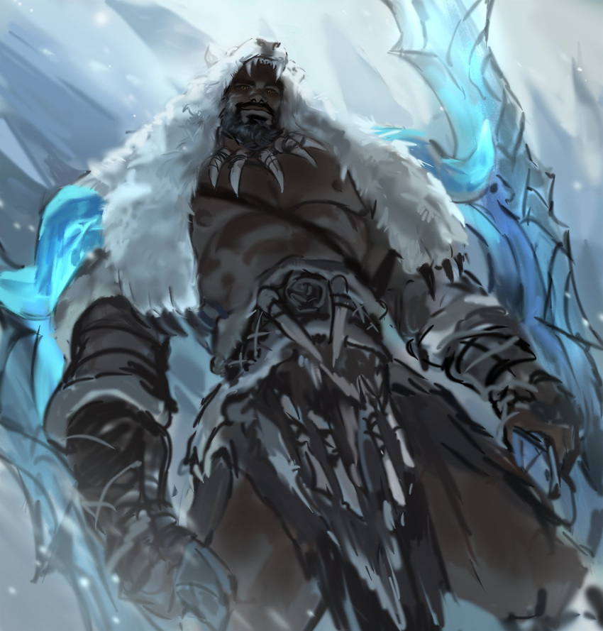 1boy animal_hood bara bare_pectorals bear_hood beard black_hair brown_eyes dark-skinned_male dark_skin dopey_(dopq) dual_wielding earrings facial_hair feet_out_of_frame from_below highres holding hood jewelry k'sante_(league_of_legends) large_pectorals league_of_legends male_focus mature_male muscular muscular_male necklace official_alternate_costume pectorals pelvic_curtain short_hair sketch smile solo strongman_waist thick_eyebrows tooth_necklace tribal