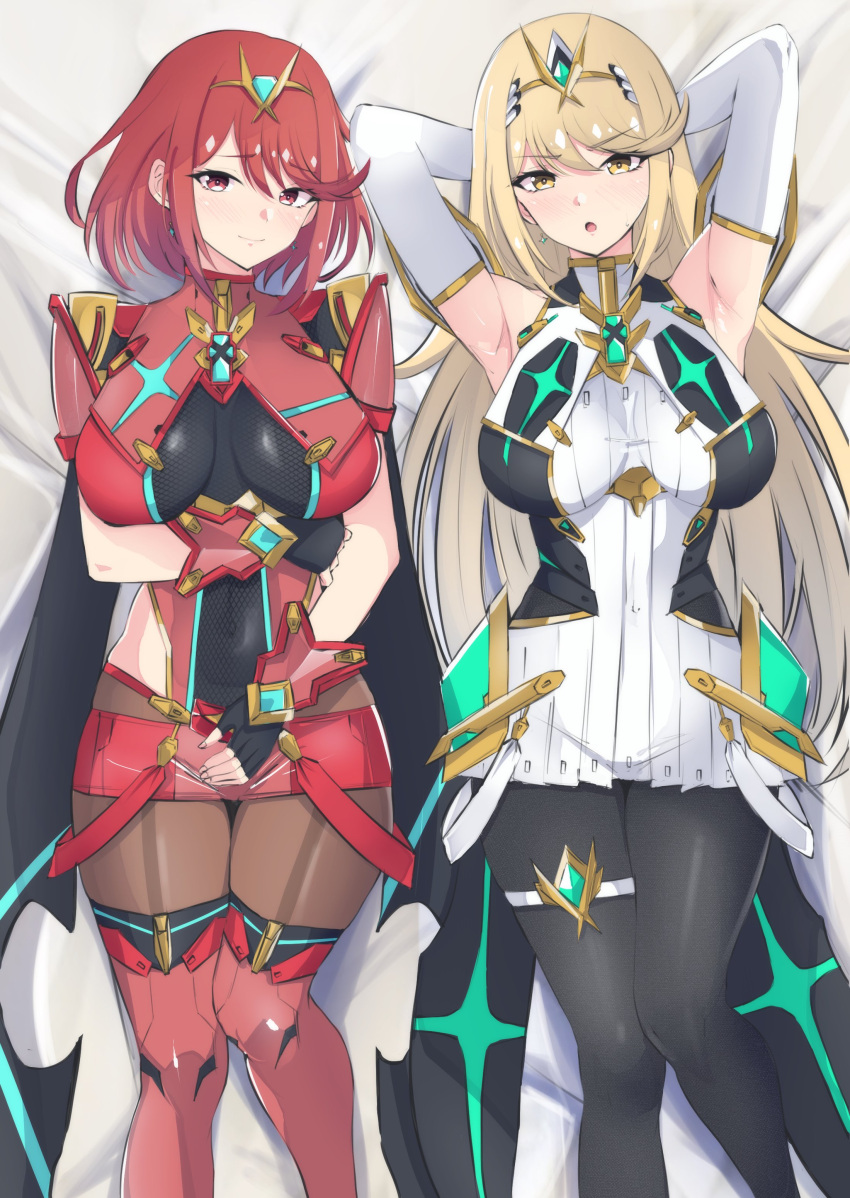 2girls absurdres arm_guards backless_outfit bare_shoulders black_gloves black_pantyhose blonde_hair blush bob_cut breasts chest_jewel dress drop_earrings earrings elbow_gloves fingerless_gloves gloves highres impossible_clothes jewelry large_breasts latte long_hair lying micro_shorts microdress multiple_girls mythra_(massive_melee)_(xenoblade) mythra_(xenoblade) on_back on_bed pantyhose pantyhose_under_shorts pyra_(xenoblade) raised_eyebrows red_eyes red_hair red_shorts red_thighhighs short_hair short_sleeves shorts skindentation sleeveless sleeveless_dress super_smash_bros. suspenders swept_bangs thigh_strap thighhighs thighhighs_over_pantyhose tiara very_long_hair white_dress white_gloves xenoblade_chronicles_(series) xenoblade_chronicles_2 yellow_eyes