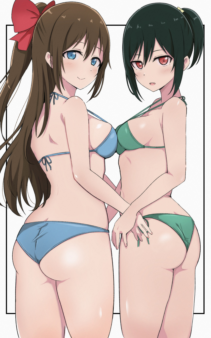 2girls absurdres ass bikini black_hair blue_bikini blue_eyes bow breast_press breasts brown_hair green_bikini hair_between_eyes hair_bow highres long_hair looking_at_viewer love_live! love_live!_nijigasaki_high_school_idol_club medium_breasts mifune_shioriko multiple_girls open_mouth ousaka_shizuku red_eyes short_hair side-tie_bikini_bottom sideboob simple_background smile strap_gap swimsuit symmetrical_docking wewe white_background