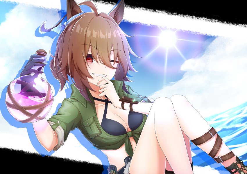 1girl absurdres agnes_tachyon_(lunatic_lab)_(umamusume) agnes_tachyon_(umamusume) ahoge animal_ears black_footwear black_gloves blue_sky bracelet breasts brown_hair commentary_request cork denim denim_shorts ear_ornament finger_to_mouth flask gloves green_shirt grin highres horse_ears horse_girl jewelry medium_breasts messy_hair official_alternate_costume red_eyes round-bottom_flask ruisuke sandals shirt short_hair shorts single_glove sky sleeves_rolled_up smile solo summer's_sunlight_fades_to_blue_(umamusume) tied_shirt umamusume