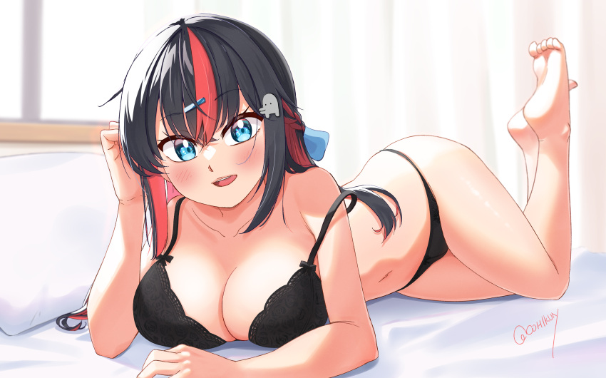 1girl absurdres backlighting barefoot bed bedroom black_bra black_hair black_panties blue_eyes bra braid breasts cleavage commentary_request curtains day french_braid hair_ornament hairclip hand_in_own_hair highres indoors kohikun large_breasts legs_up long_hair looking_at_viewer multicolored_hair navel on_bed open_mouth original panties pillow red_hair smile solo strap_slip streaked_hair twitter_username two-tone_hair underwear underwear_only