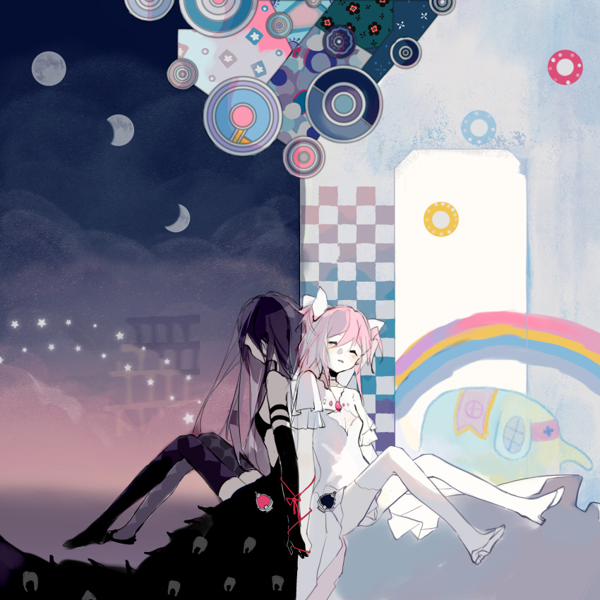 2girls abstract abstract_background absurdres akemi_homura akuma_homura argyle argyle_legwear arms_at_sides back-to-back bare_shoulders black_dress black_gloves bow cleavage_cutout closed_eyes clothing_cutout cloud commentary contrast crescent_moon dress elbow_gloves entangled frilled_sleeves frills from_side full_body full_moon gloves hair_between_eyes hair_bow highres holding_hands kaname_madoka knees_up long_hair mahou_shoujo_madoka_magica mahou_shoujo_madoka_magica:_hangyaku_no_monogatari mixed-language_commentary moon moon_phases multiple_girls night night_sky pink_hair purple_hair purple_thighhighs rainbow shenbaitu short_hair short_sleeves short_twintails sitting sky soul_gem star_(symbol) straight_hair string string_of_fate thighhighs twintails ultimate_madoka white_dress white_thighhighs