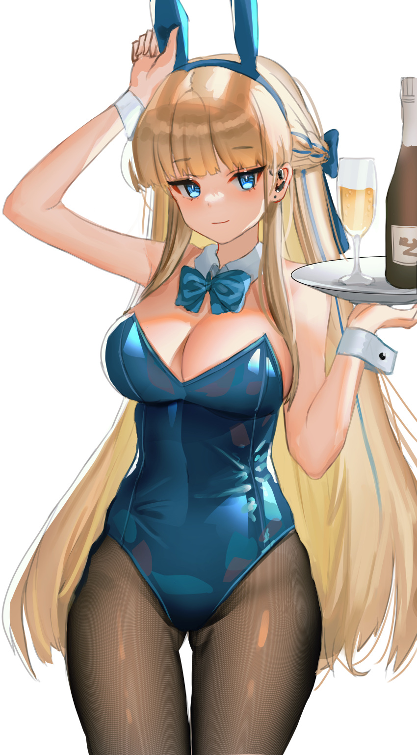 1girl absurdres animal_ears arm_up black_pantyhose blonde_hair blue_archive blue_bow blue_bowtie blue_eyes blue_hair blue_leotard bottle bow bowtie braid breasts cleavage closed_mouth commentary_request cowboy_shot cup detached_collar drinking_glass earpiece fake_animal_ears french_braid highres holding holding_plate large_breasts leotard long_hair looking_at_viewer maka_(maca_274) multicolored_hair official_alternate_costume pantyhose plate playboy_bunny rabbit_ears simple_background smile solo strapless strapless_leotard streaked_hair toki_(blue_archive) toki_(bunny)_(blue_archive) white_background wine_bottle wine_glass wrist_cuffs