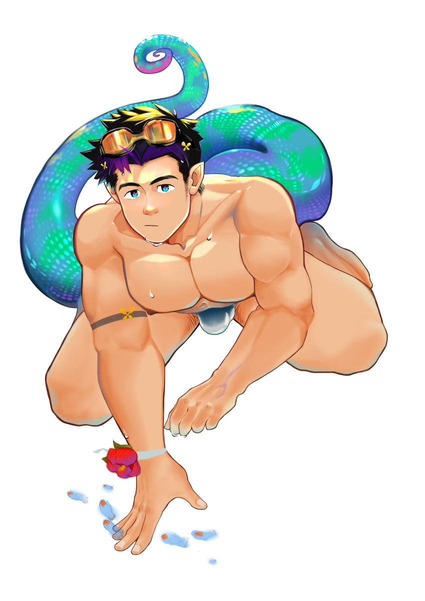 1boy absurdres anaconda_boy arknights bara bulge character_request check_copyright commentary_request copyright_request english_text flower_bracelet full_body goggles goggles_on_head grey_male_swimwear highres long_sideburns looking_at_viewer male_focus male_swimwear modachai_(weibo5622674859) multicolored_hair muscular muscular_male nipples pectoral_squeeze pectorals pink_pupils purple_hair short_hair sideburns sideburns_stubble snake_tail solo streaked_hair swim_briefs tail thick_thighs thighs topless_male wet