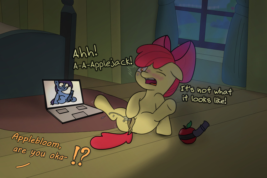 ?! accident anatomically_correct anus apple_bloom_(mlp) applejack_(mlp) awkward awkward_moment bedroom blush blushing_profusely bodily_fluids butt caught caught_masturbating clitoral clitoral_masturbation clitoris computer cum dildo dock ejaculation embarrassed equid equine exclamation_point exposed female feral friendship_is_magic gasp genital_fluids genitals hasbro hi_res horrified horse humor invalid_tag laptop lies lying mammal masturbation mlpfimwhy motion_lines my_little_pony nervous_sweat not_what_it_looks_like nude one_eye_closed oops open_mouth orgasm panicking pony pussy pussy_ejaculation pussy_juice question_mark sex_toy shocked shocked_expression sitting solo solo_focus spread_legs spreading strapon sweat sweatdrop tail