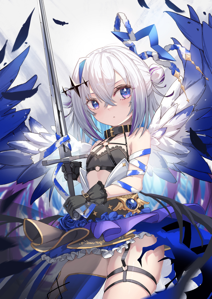 1girl absurdres amane_kanata angel angel_wings bandaged_arm bandages blue_hair collar colored_inner_hair double_bun flat_chest frills gloves grey_hair hair_between_eyes hair_bun highres hololive juu_p long_hair multicolored_hair purple_eyes single_thighhigh skindentation skirt solo strapless sword thigh_strap thighhighs tube_top virtual_youtuber weapon wings