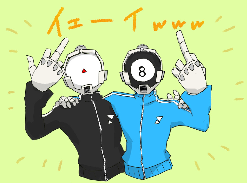 2boys arm_around_shoulder ball billiard_ball black_track_suit blue_track_suit bomb_rush_cyberfunk brothers cropped_torso curved_monitor cyberhead cyborg dot_exe green_background highres looking_at_viewer male_focus mechanical_hands middle_finger monitor multiple_boys siblings simple_background track_suit