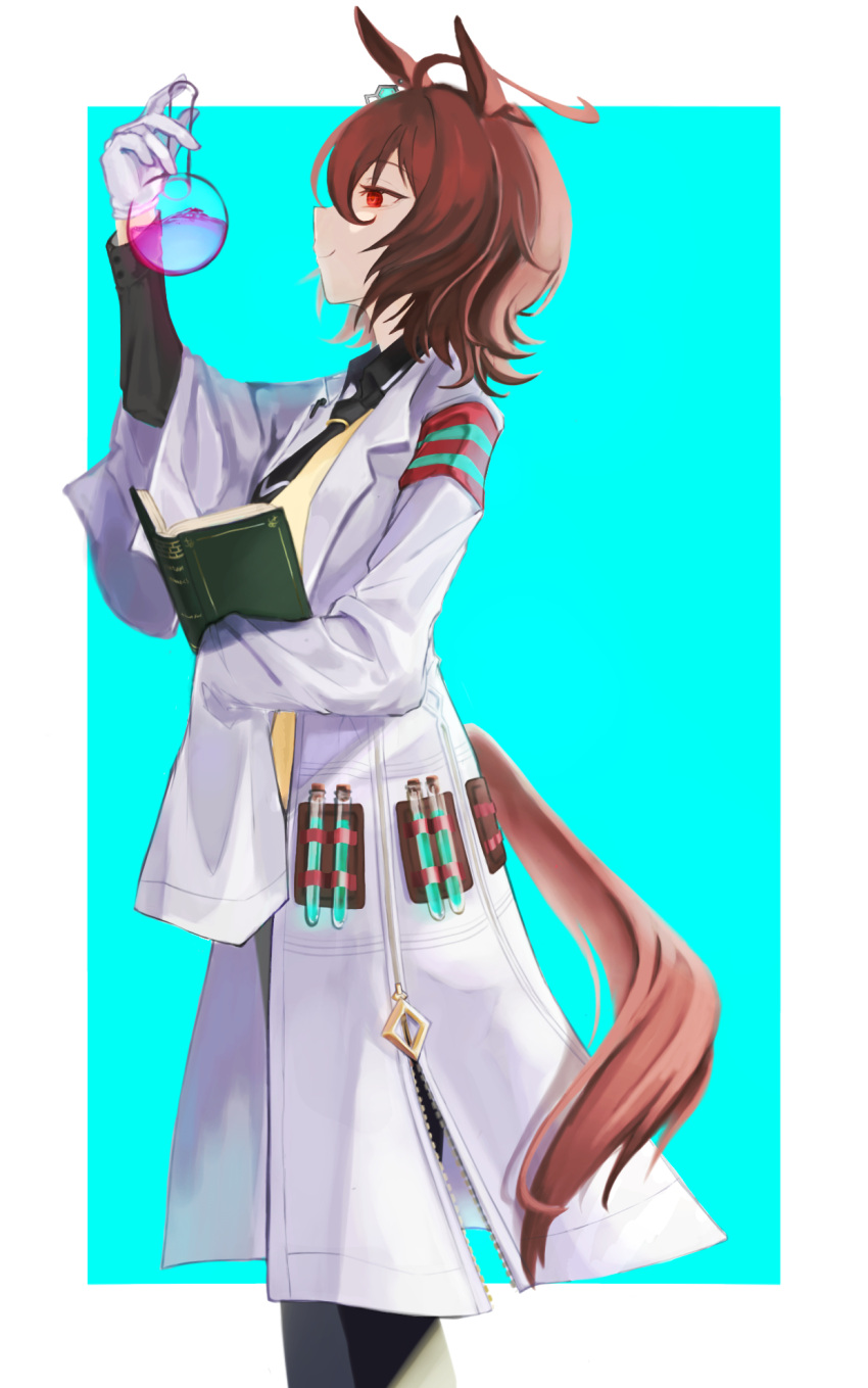 1girl agnes_tachyon_(umamusume) ahoge animal_ears arm_up black_necktie black_shirt book brown_hair closed_mouth coat collared_shirt feet_out_of_frame flask from_side gloves hair_between_eyes highres holding holding_book holding_flask horse_ears horse_girl horse_tail long_hair necktie open_book open_clothes open_coat red_eyes riko_(ri_cotta_c) round-bottom_flask shirt short_hair sleeves_past_fingers sleeves_past_wrists smile solo standing sweater tail test_tube umamusume white_gloves yellow_sweater