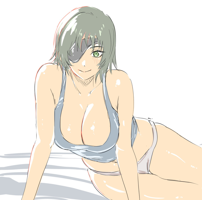 1girl arm_support black_hair blush breasts chainsaw_man commentary_request crop_top eyepatch green_eyes grey_tank_top highres himeno_(chainsaw_man) looking_at_viewer lying medium_breasts mitsugu navel on_side panties shiny_skin short_hair simple_background smile solo tank_top underwear underwear_only white_panties