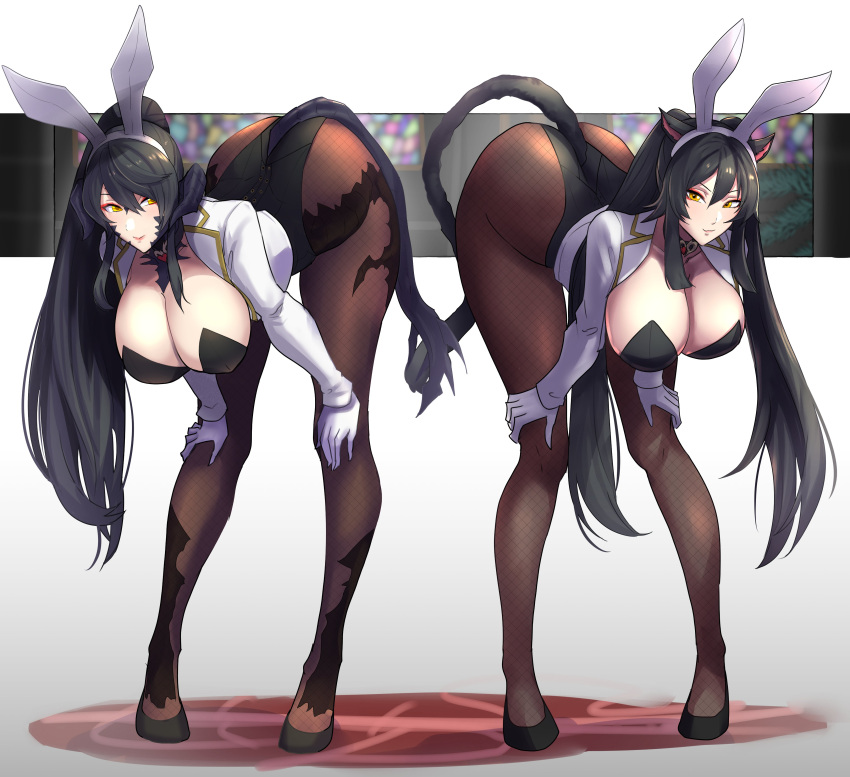 1girl 2girls absurdres animal_ears ass au_ra bent_over black_hair breasts cat_ears cat_girl cat_tail clash_kuro_neko cleavage commission dragon_girl dragon_horns dragon_tail fake_animal_ears final_fantasy final_fantasy_xiv fishnet_pantyhose fishnets full_body gloves hair_between_eyes high_heels highleg highleg_leotard highres horns jacket large_breasts leotard long_legs looking_at_viewer miqo'te multiple_girls open_clothes open_jacket pantyhose playboy_bunny ponytail second-party_source tail thighs twintails warrior_of_light_(ff14) white_gloves white_jacket yellow_eyes