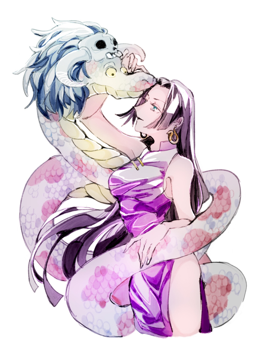 1girl black_eyes black_hair blue_eyes boa_hancock breasts china_dress chinese_clothes colored_sclera dress earrings floating_hair hair_behind_ear highres jewelry long_hair looking_down looking_up medium_breasts one_piece parted_lips purple_dress salome_(one_piece) sideboob skull smile snake solo_focus ss5yzumizumi1 very_long_hair white_background yellow_sclera