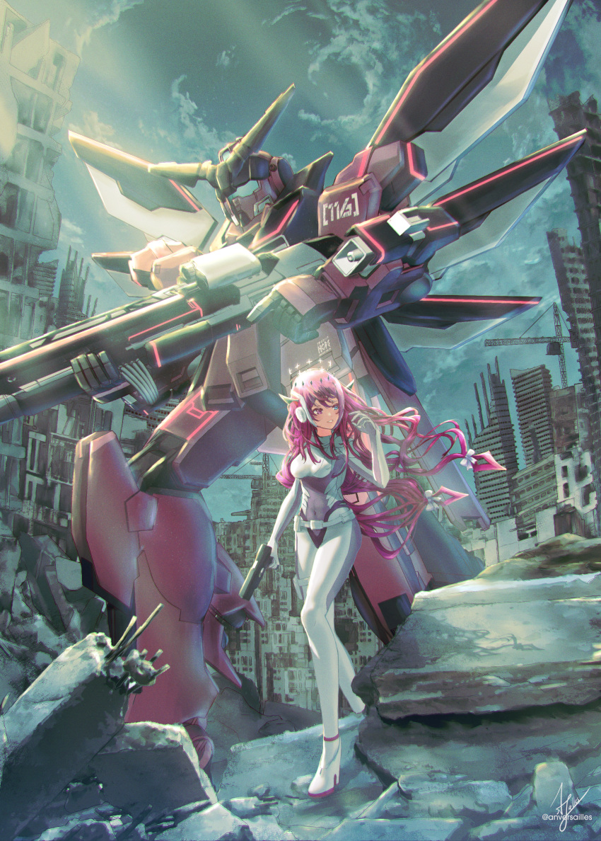 1girl absurdres adjusting_hair anversailles artist_name belt belt_pouch bodysuit boots bow breasts cloud cloudy_sky crane_(machine) english_text film_grain formal gun gundam gundam_side_story:_missing_link halo handgun helmet heterochromia high_heel_boots high_heels highres holding holding_weapon hololive hololive_english impossible_bodysuit impossible_clothes irys_(hololive) light_rays mecha mechanical_wings mobile_suit navel pale_rider_(mobile_suit) pink_hair pouch rebar redesign rifle robot rubble ruins signature sky smile speaker suit sunbeam sunlight transparent_headwear v-fin virtual_youtuber walking weapon white_suit wings