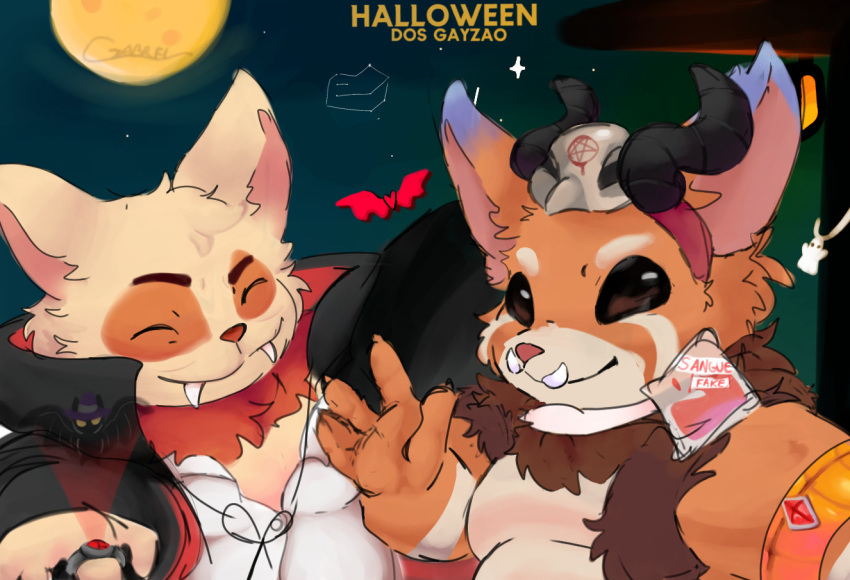 2023 anthro armband bat big_ears blood_bag bolo_tie clothing colored constellation costume duo fangs fluffy gabreltepty gesture gnar_(lol) halloween holidays horn league_of_legends male mammal moon muscular muscular_anthro muscular_male neck_tuft night orange_body pecs posing_for_picture riot_games selfie shaded skull_helmet smile star tan_body teemo_(lol) teeth tuft tusks vampire_costume veigar wave waving yordle