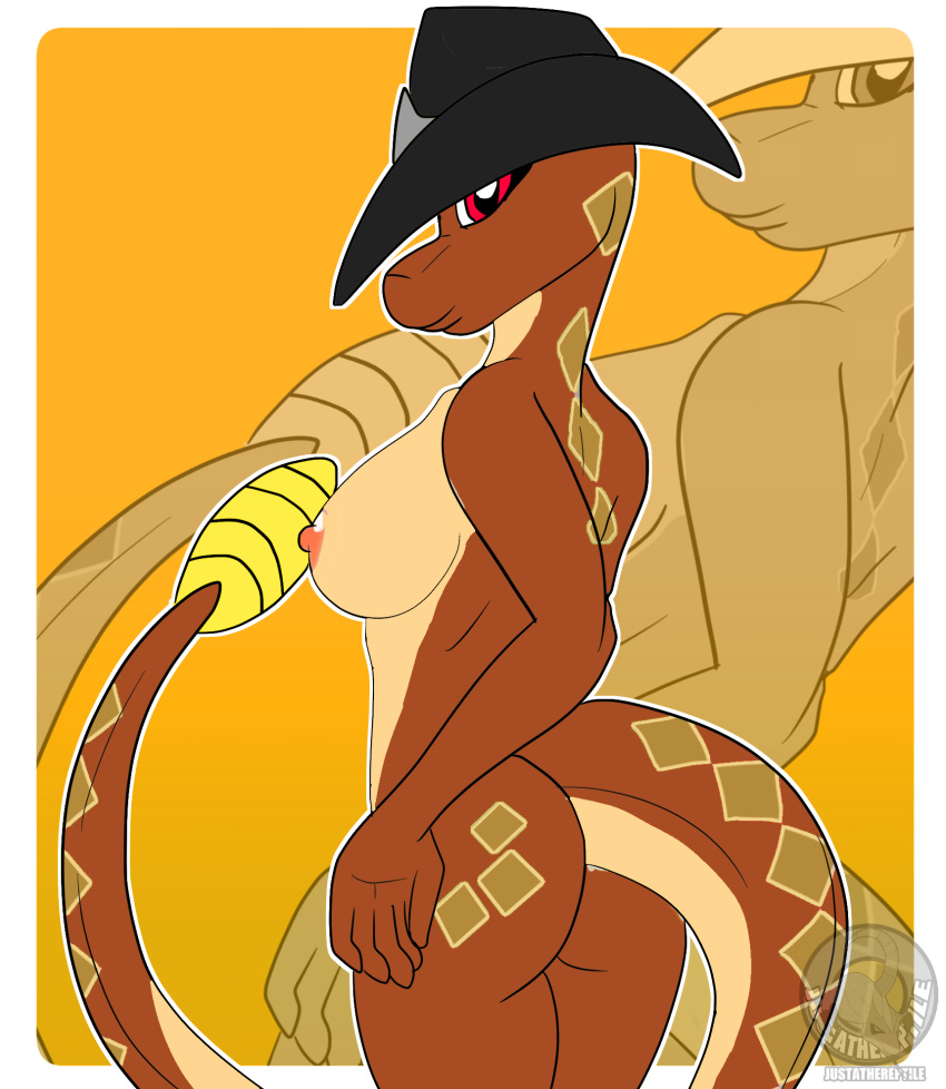2017 alternate_color anthro areola big_breasts blowup_background breasts brown_body brown_scales brown_skin butt clothing countershade_tail countershade_torso countershading cowboy_hat digital_media_(artwork) dyma_(justathereptile) female hat headgear headwear hi_res justathereptile looking_at_viewer markings nipples non-mammal_breasts non-mammal_nipples nude orange_areola orange_nipples pit_viper pose rattle_(anatomy) rattlesnake red_eyes reptile scales scalie simple_background smile snake solo tail tan_markings viper watermark yellow_background