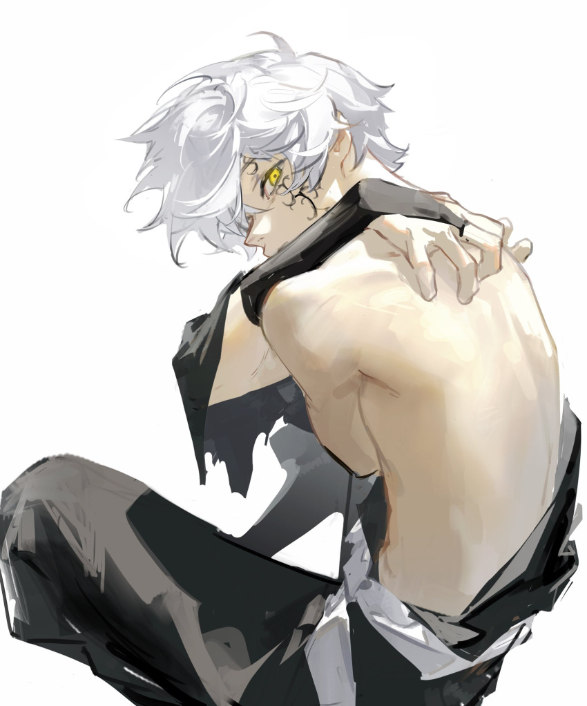 1boy 3367e bare_back bare_shoulders black_pants fingerless_gloves gabimaru gloves hair_between_eyes hand_on_back highres japanese_clothes jigokuraku looking_at_viewer ninja pants scar scar_on_face serious short_hair simple_background sitting solo white_background white_hair yellow_eyes