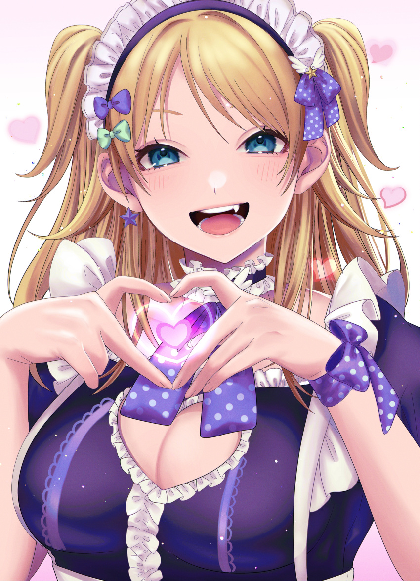 1girl absurdres alternate_costume blonde_hair blush breasts choker cleavage cleavage_cutout clothing_cutout enmaided frilled_choker frills hachimiya_meguru heart heart_cutout heart_hands highres idolmaster idolmaster_shiny_colors large_breasts looking_at_viewer maid maid_headdress opuka polka_dot polka_dot_ribbon ribbon smile solo two_side_up upper_body