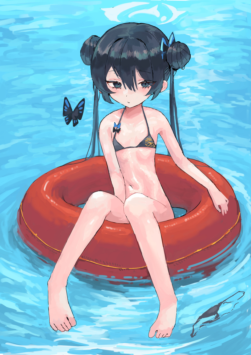 1girl absurdres bare_legs barefoot bikini bikini_bottom_removed black_bikini black_hair blue_archive convenient_censoring double_bun flat_chest hair_bun highres hikillerwhale kisaki_(blue_archive) looking_at_viewer navel on_innertube reflection reflective_water refraction sitting solo swimsuit twintails