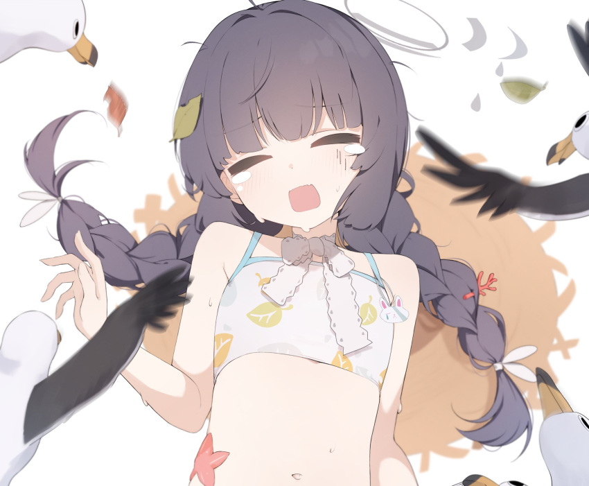 1girl animal bare_arms bare_shoulders bikini bird black_hair blue_archive braid brown_headwear closed_eyes commentary coral facing_viewer flat_chest halo hat hat_around_neck head_tilt highres leaf leaf_on_head leaf_print long_hair low_twintails miyu_(blue_archive) miyu_(swimsuit)_(blue_archive) navel print_bikini seagull shiwa_(siwaa0419) simple_background solo starfish straw_hat swimsuit symbol-only_commentary tears twin_braids twintails upper_body white_background white_bikini