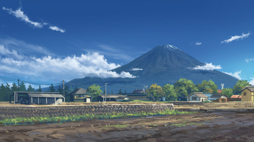 absurdres blue_sky building cloud commentary_request day field grass highres house landscape mount_fuji mountain mud no_humans original outdoors power_lines rural scenery sky suzuke tree utility_pole