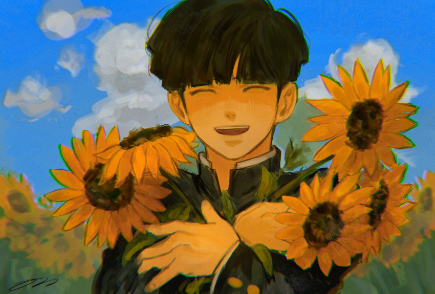 1boy :d ^_^ black_hair black_jacket closed_eyes day facing_viewer field flower flower_field gakuran happy highres holding holding_flower jacket kageyama_shigeo korean_commentary long_sleeves male_focus mob_psycho_100 on0n open_mouth outdoors school_uniform short_hair smile solo sunflower upper_body