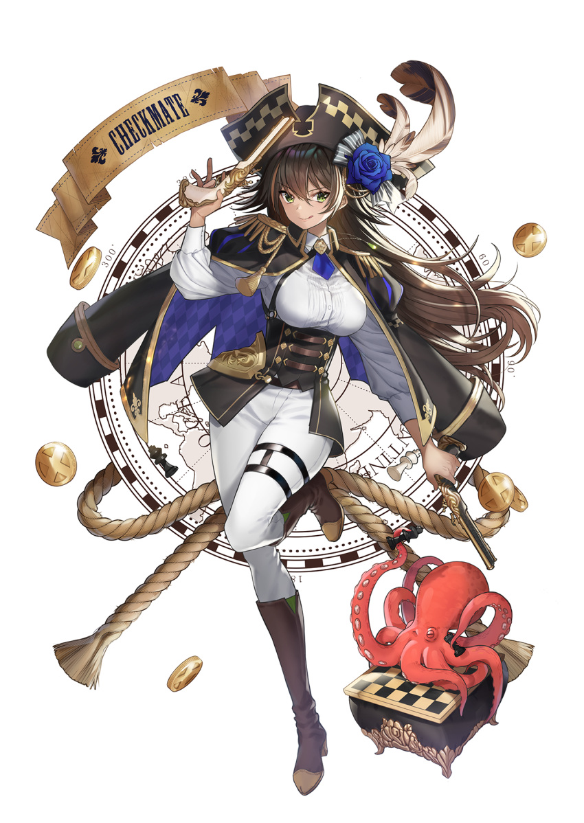 1girl black_coat black_corset blue_flower blue_rose boots breasts brown_footwear brown_hair coat coat_on_shoulders coin collared_shirt corset dual_wielding epaulettes flower green_eyes gun hat hat_feather hat_flower highres holding holding_chess_piece large_breasts long_hair nurumi_p octopus original pants pirate pirate_hat rope rose shirt weapon white_pants white_shirt