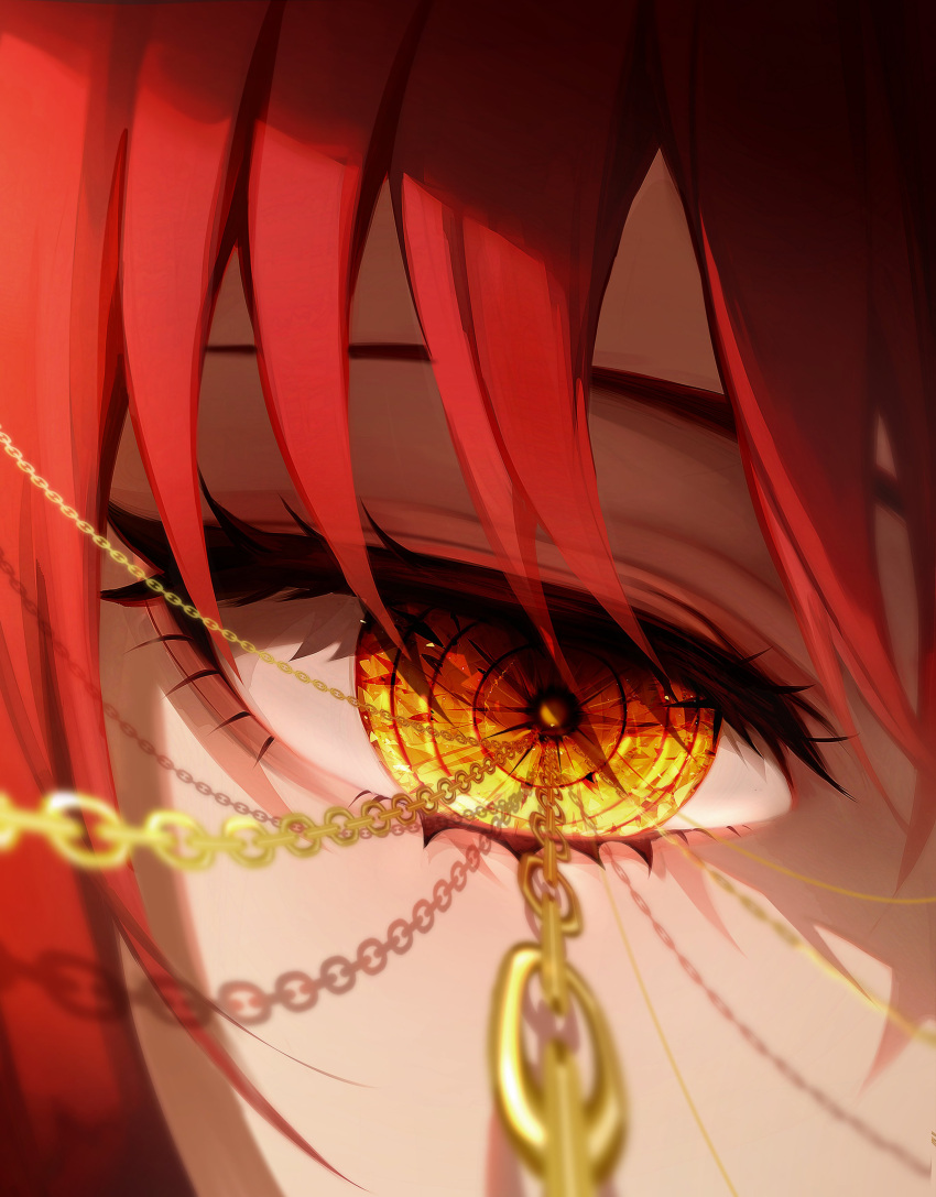 1girl 58_(opal_00_58) absurdres chain chainsaw_man close-up crystal_eye eye_focus eyelashes gold_chain hair_between_eyes highres makima_(chainsaw_man) red_hair ringed_eyes shaded_face symbol-shaped_pupils yellow_eyes