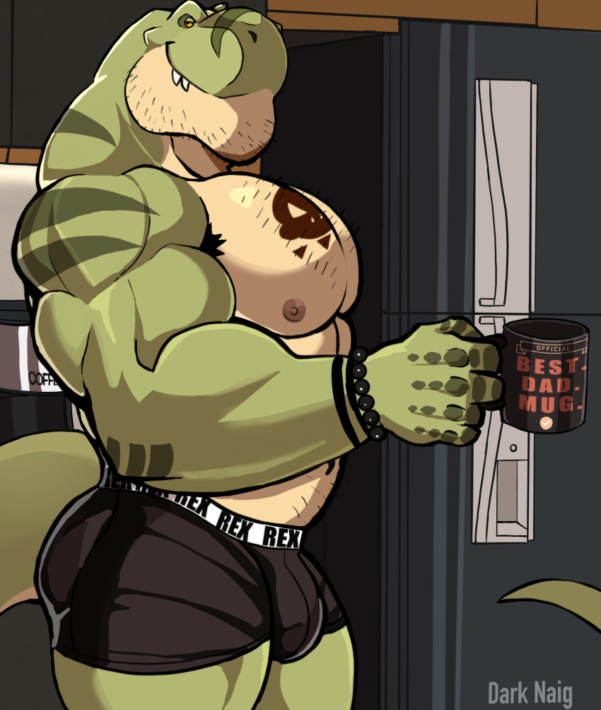 abs absurd_res anthro appliance armpit_hair beard biceps body_hair clothing coffee_mug darknaigart dinosaur facial_hair fridge green_eyes hat headgear headwear hi_res jace_(darknaig) kitchen_appliance male muscular muscular_anthro muscular_male nipples pecs reptile scalie shaded shaved solo tattoo teeth theropod tyrannosaurid tyrannosaurus tyrannosaurus_rex underwear wristband yellow_eyes