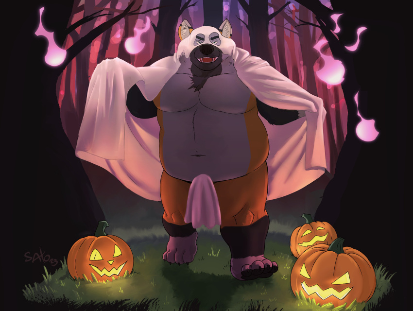 2023 absurd_res anthro belly big_belly canid canine detailed_background fox ghost_costume halloween_costume hi_res jack-o'-lantern male mammal moobs outside overweight overweight_male plant sato_afroleone solo tree