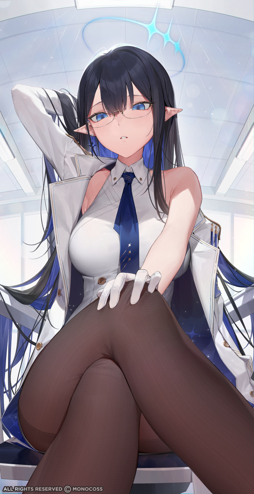 1girl absurdres armband black_hair black_pantyhose blue_archive blue_armband blue_eyes blue_hair blue_halo blue_necktie blush breasts coat collared_shirt colored_inner_hair crossed_legs feet_out_of_frame glasses gloves halo highres large_breasts long_hair monosucre multicolored_hair necktie pantyhose pointy_ears rin_(blue_archive) round_eyewear shirt sleeveless sleeveless_shirt solo twitter_username white_coat white_gloves white_shirt