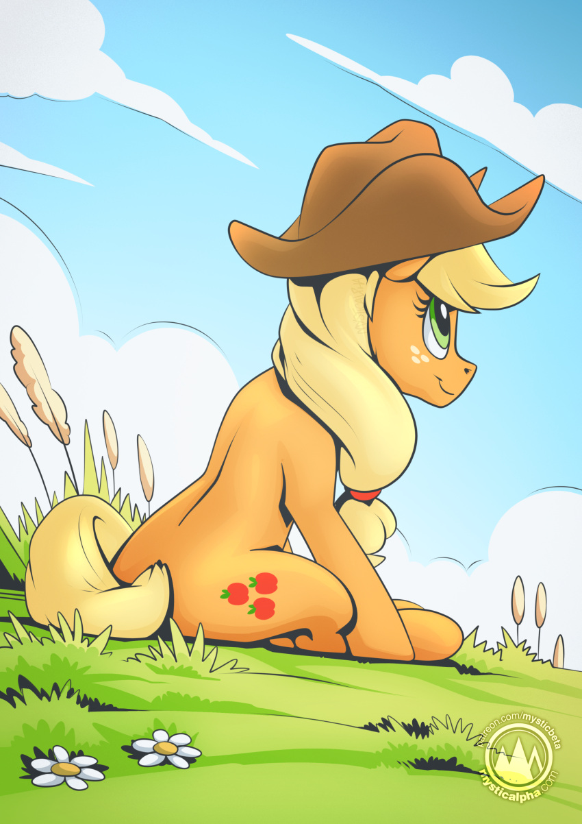 2023 absurd_res accessory applejack_(mlp) blonde_hair clothing cloud cowboy_hat cutie_mark digital_media_(artwork) earth_pony equid equine female feral flower freckles friendship_is_magic grass green_eyes hair hair_accessory hasbro hat headgear headwear hi_res horse looking_up mammal my_little_pony mysticalpha orange_body plant pony signature sitting smile solo tail yellow_tail