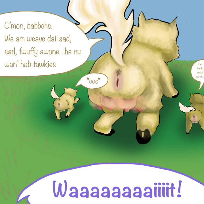 1:1 anus baby_talk cuddlybloodily dialogue english_text female feral fluffy_pony fluffy_pony_(species) fur genitals grass group hi_res mammal offscreen_character plant pussy shadow teats text trio yellow_body yellow_fur