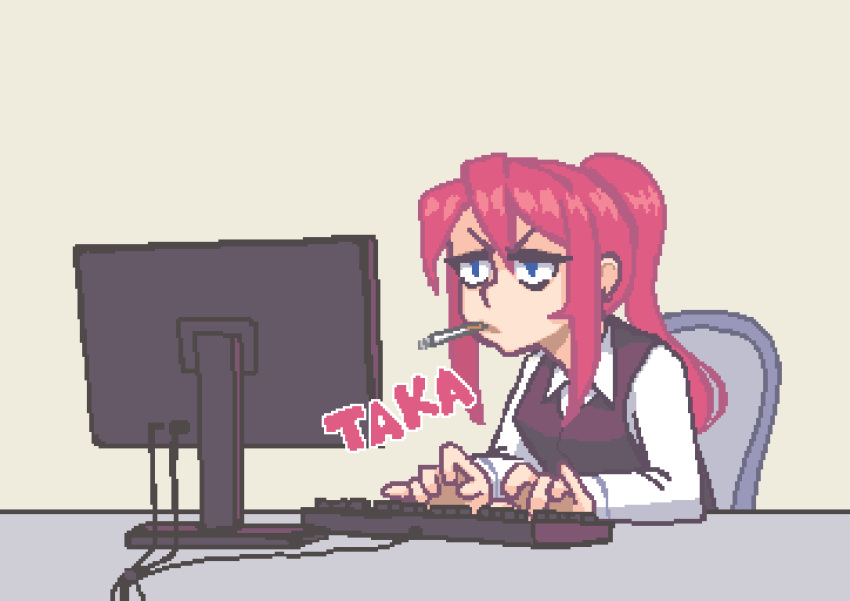 1girl animated animated_gif ascii_art blue_eyes cigarette earrings hana_(hcnone) hcnone jewelry keyboard_(computer) long_hair monitor office_lady original pink_hair pixel_art ponytail sidelocks squinting tsundere typing