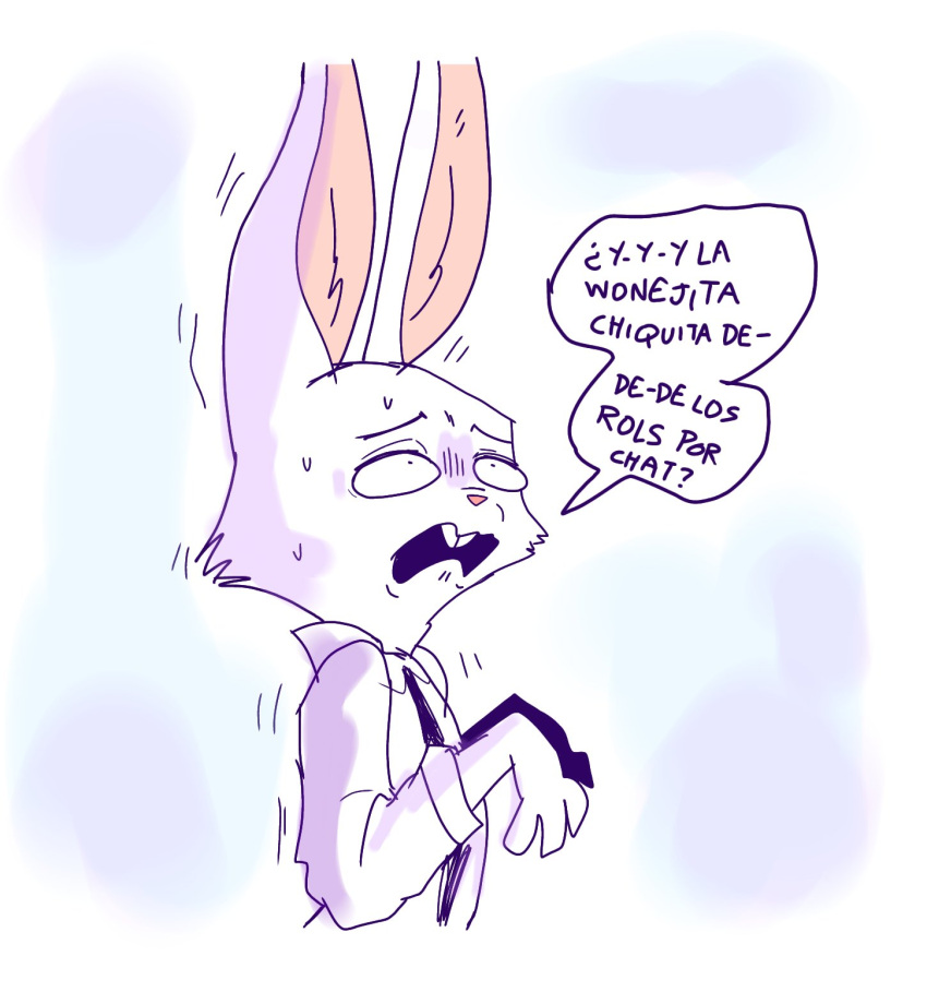 anthro buckteeth clothing comic dialogue hi_res lagomorph leporid male mammal outside rabbit renita_reed scared shaking shirt simple_background solo spanish_text speech_bubble teeth text topwear translated white_background white_body