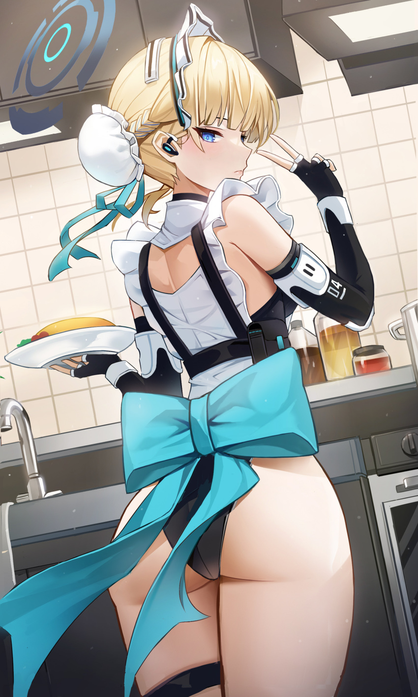 1girl absurdres ass blonde_hair blue_archive blue_bow blue_eyes bow bun_cover closed_mouth cowboy_shot earpiece faucet fingerless_gloves food frills from_behind gloves gonggo hair_bun halo highres holding holding_food holding_plate jar kitchen leotard looking_at_viewer looking_back maid maid_headdress omelet plate solo thigh_strap thighs tile_wall tiles toki_(blue_archive) v waist_bow