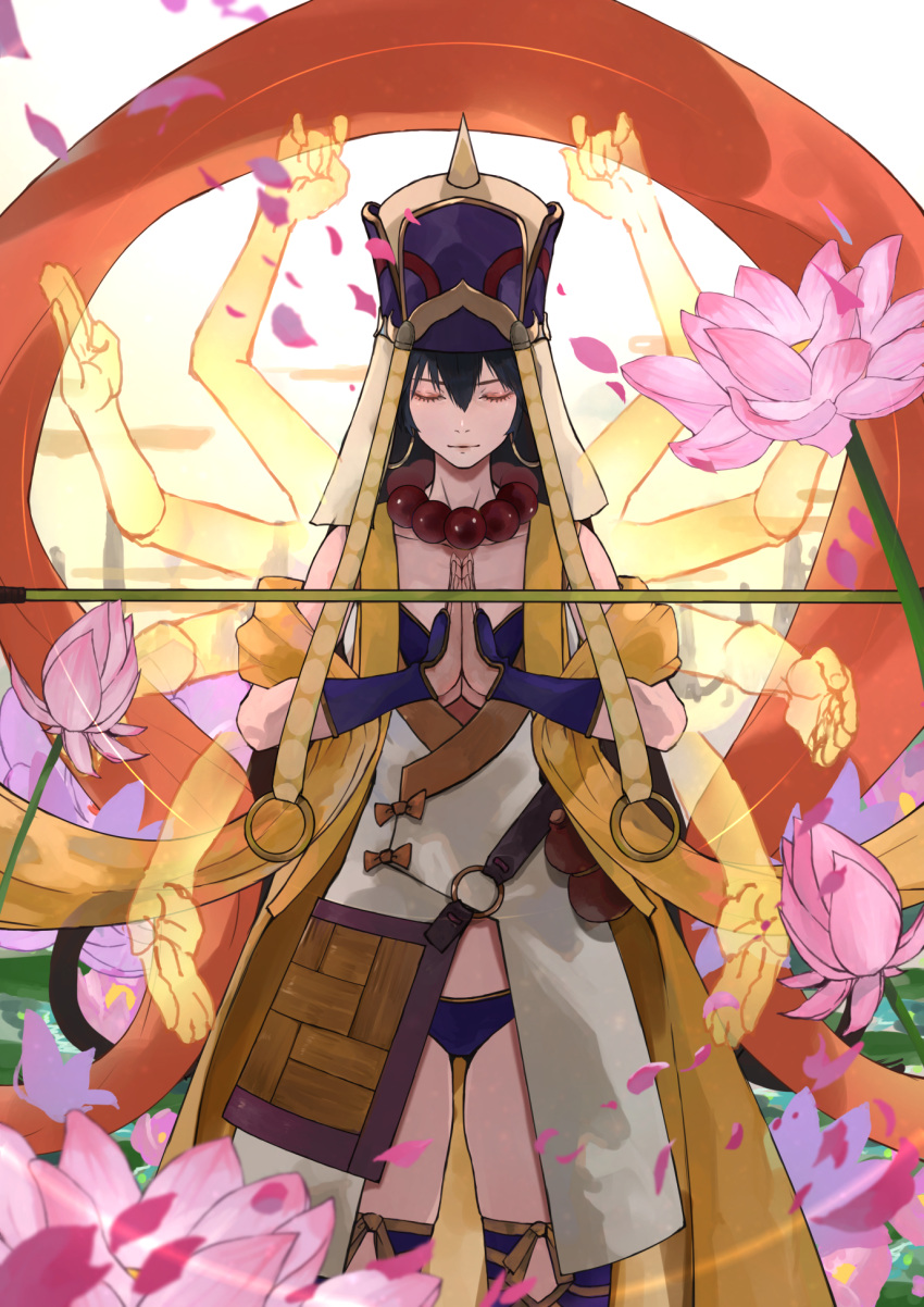 1girl backlighting bare_shoulders bead_necklace beads bikini black_hair breasts bridal_gauntlets cleavage closed_eyes detached_sleeves earrings extra_arms fate/grand_order fate_(series) flower hair_between_eyes hat highres hoop_earrings japanese_clothes jewelry kdm_(ke_dama) kimono large_breasts lily_(flower) long_hair necklace own_hands_together petals prayer_beads praying purple_bikini purple_headwear purple_thighhighs sash short_kimono solo staff swimsuit thighhighs thighs veil vest white_kimono xuangzang_sanzang_(fate) yellow_vest